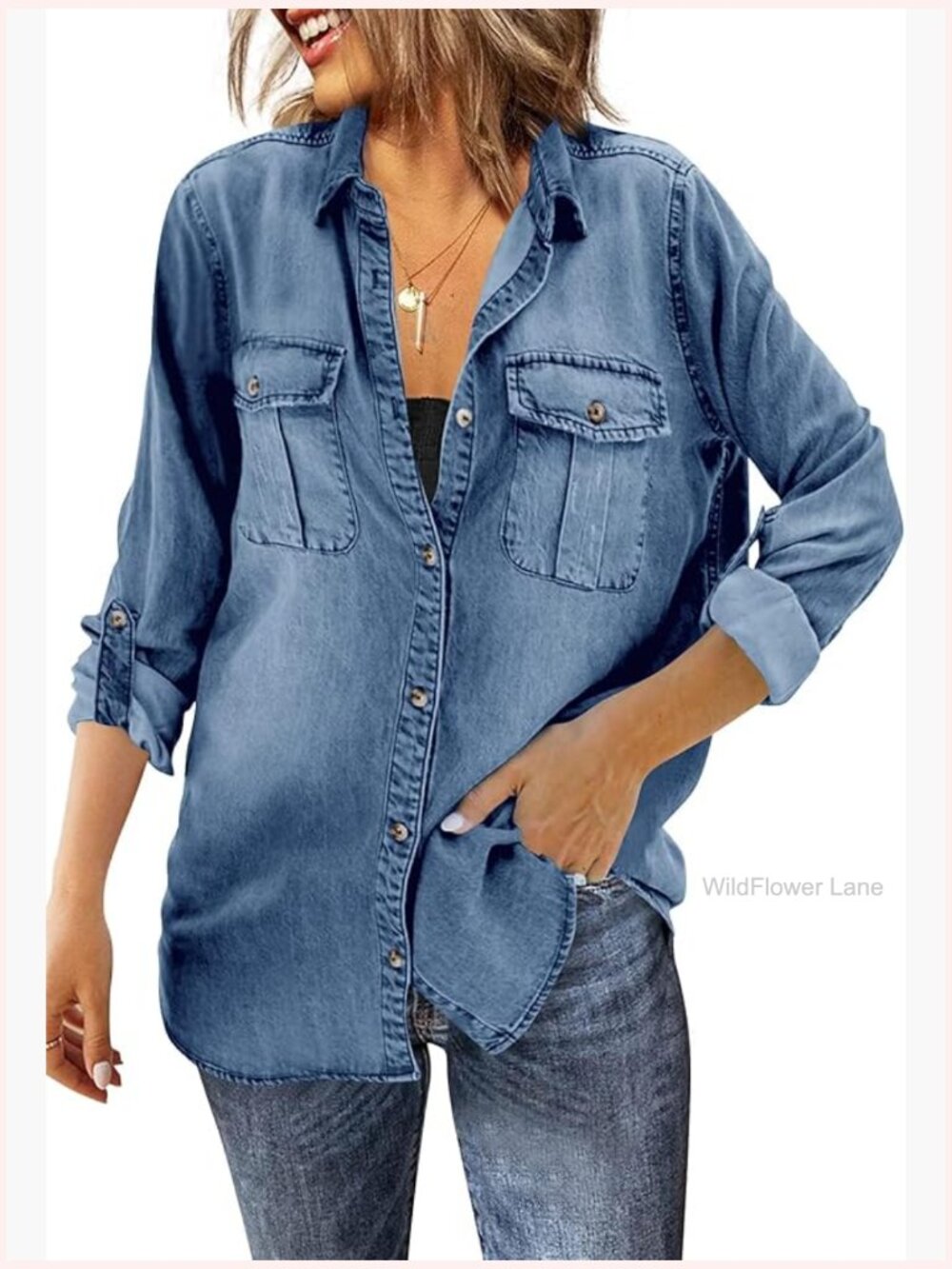Oversized Button Down Denim Shirt Jacket Long Sleeve Tunic Top